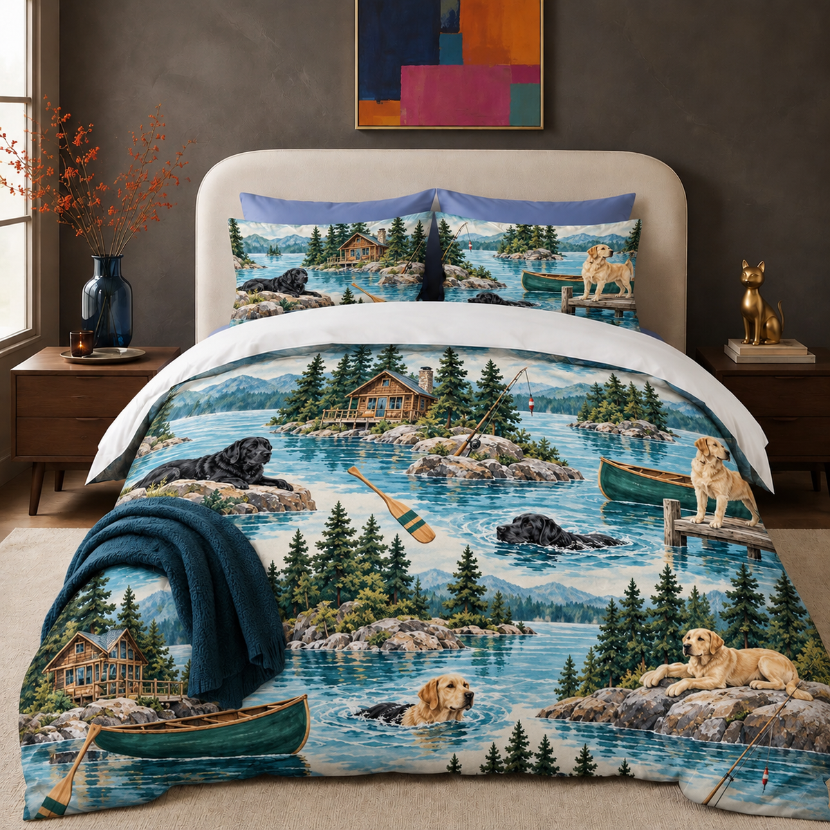 Lake House Labradors comforter set with two matching shams on a made bed