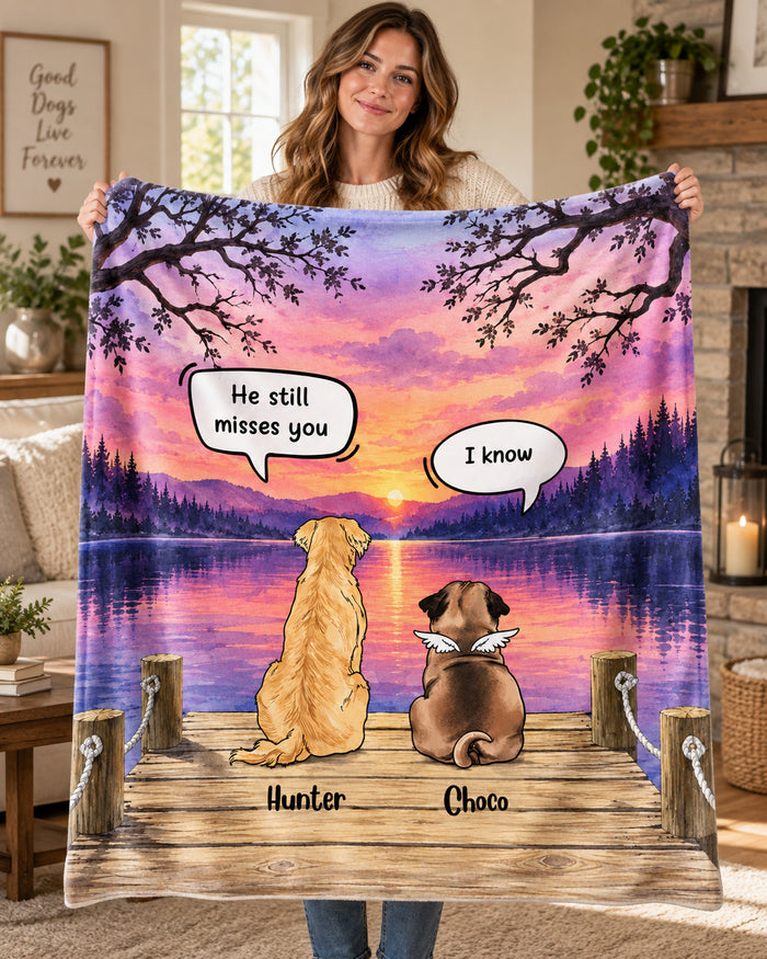 Woman holding open the lakeside sunset two pet memorial blanket