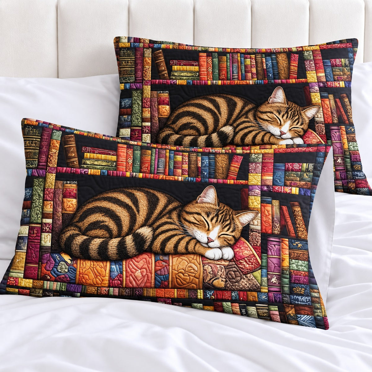 Library Nap Tabby Cat pillowcases – set of two printed pillowcases on a white bed