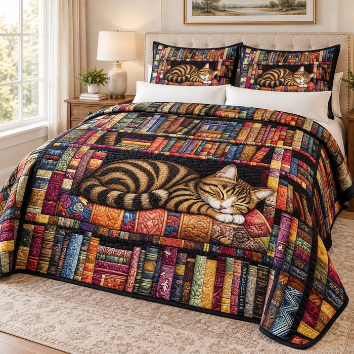 Library Nap Tabby Cat quilt set – quilt and two matching shams on a queen bed in a bright neutral bedroom