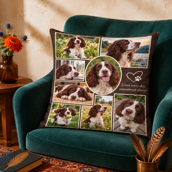 Loved Every Day cushion cover on an armchair. Nine photos of one dog, on a deep chocolate ground.