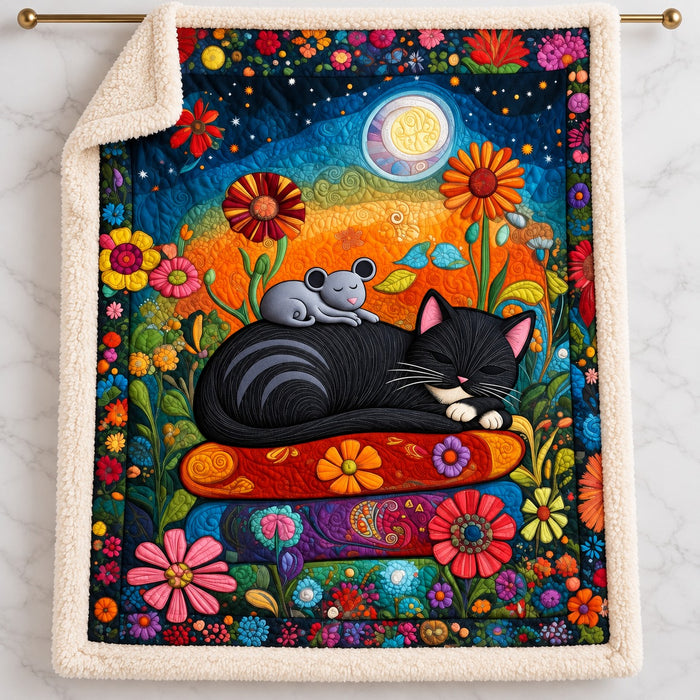 Moonlit Pillow Black Cat sherpa blanket – smooth printed flannel front with plush cream sherpa back, hanging on a gold rod