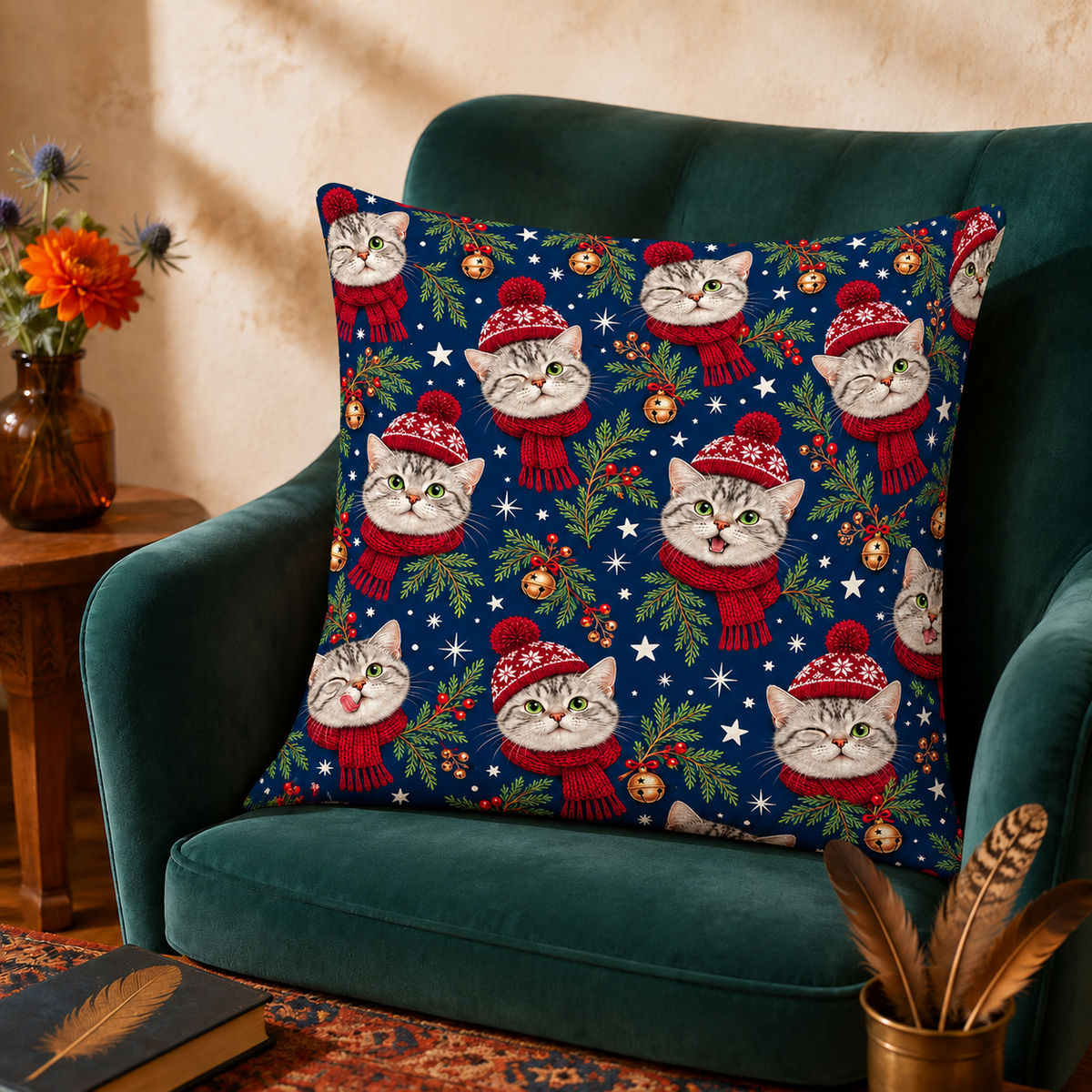 Navy Christmas Cat Faces cushion cover on an armchair. Cat faces in red bobble hats and scarves, scattered over navy.