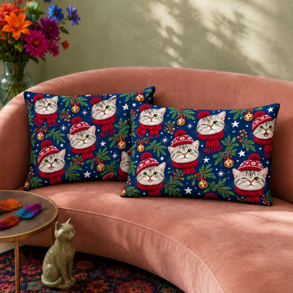 Navy Christmas Cat Faces pillowcase set — two printed pillowcases on a sofa. Cat faces in red bobble hats and scarves, scattered over navy.