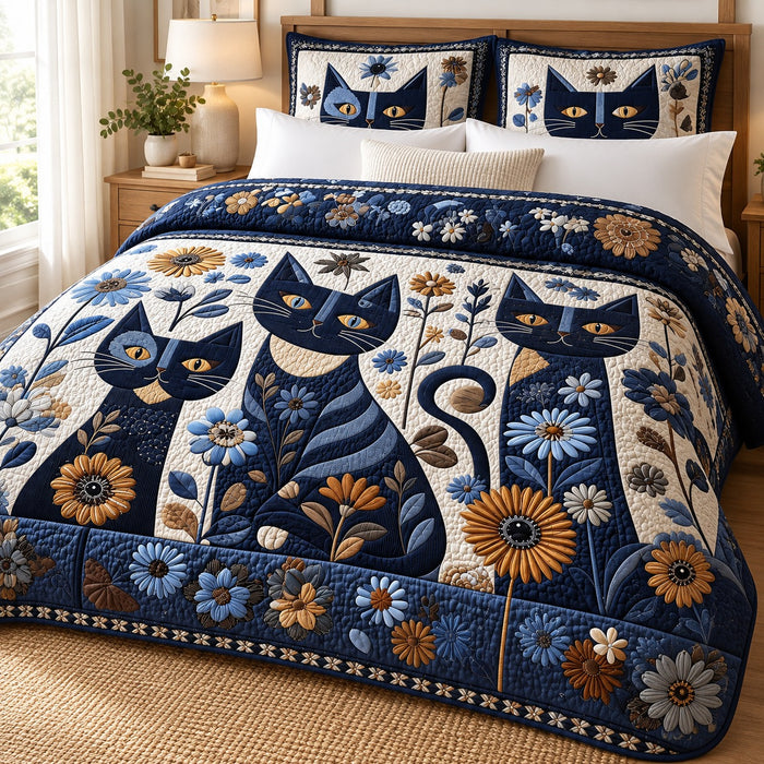 Navy Daisy Cats quilt set – quilt and two matching shams on a queen bed in a bright neutral bedroom
