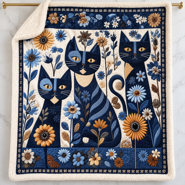 Navy Daisy Cats sherpa blanket – smooth printed flannel front with plush cream sherpa back, hanging on a gold rod