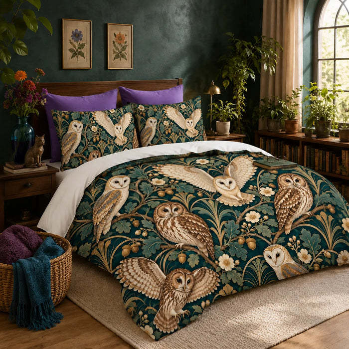 Art Deco Owl duvet cover set — barn and tawny owls with gold fan motifs, oak leaves and acorns on deep teal