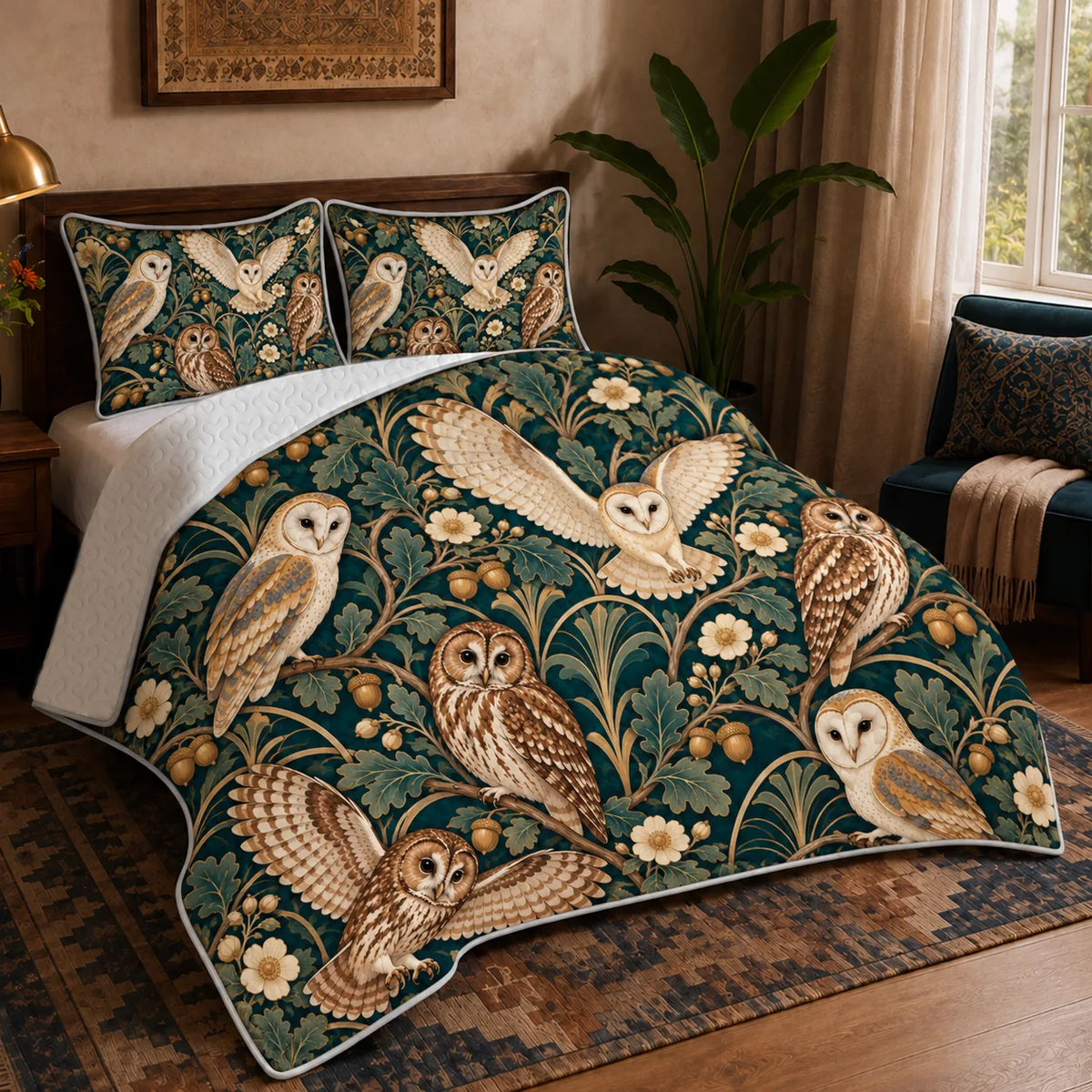 Art Deco Owl quilt set — barn and tawny owls with gold fan motifs, oak leaves and acorns on deep teal