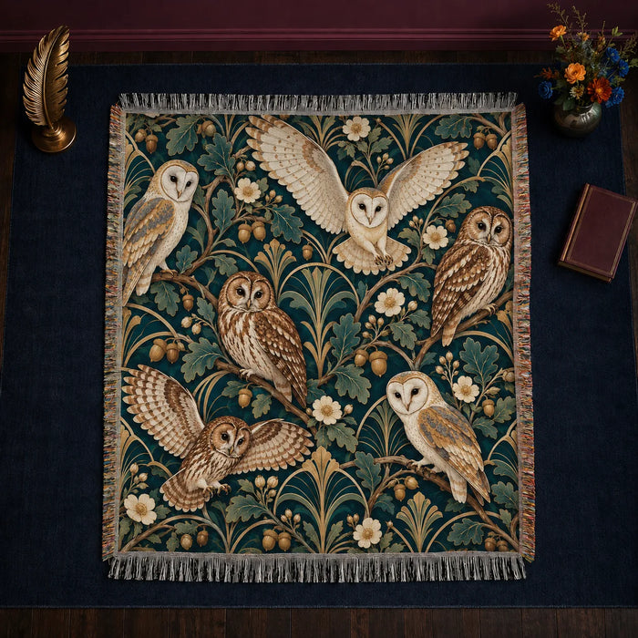 Art Deco Owl woven throw blanket — barn and tawny owls with gold fan motifs, oak leaves and acorns on deep teal