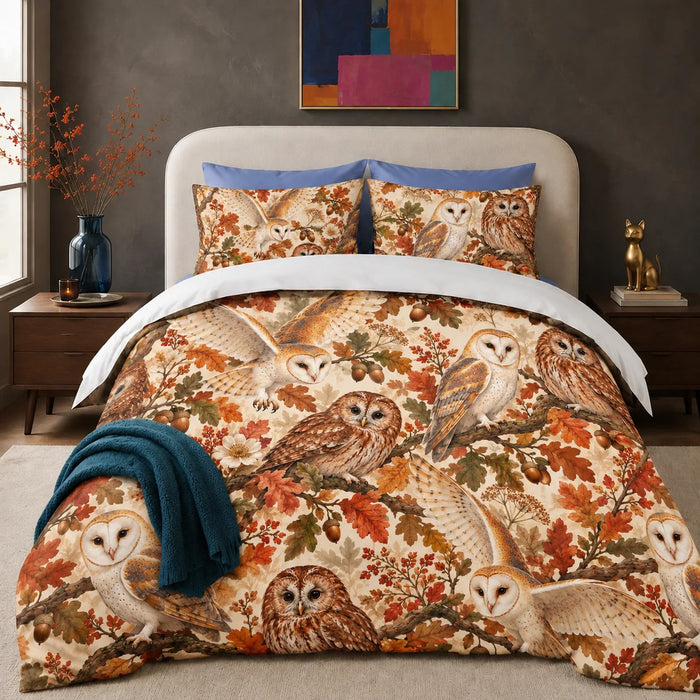 Autumn Copper Owl comforter set — barn and tawny owls among copper and green oak leaves and acorns on cream