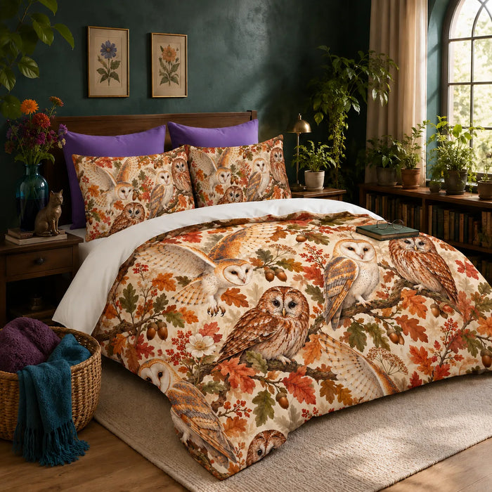 Autumn Copper Owl duvet cover set — barn and tawny owls among copper and green oak leaves and acorns on cream