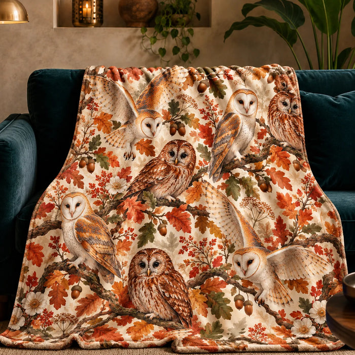 Autumn Copper Owl fleece throw blanket — barn and tawny owls among copper and green oak leaves and acorns on cream