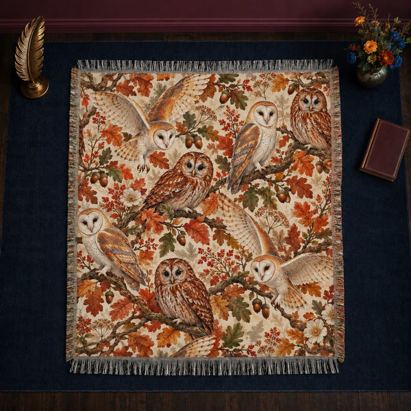 Autumn Copper Owl woven throw blanket — barn and tawny owls among copper and green oak leaves and acorns on cream