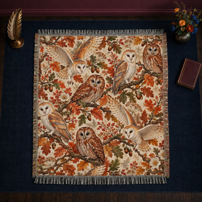 Autumn Copper Owl woven throw blanket — barn and tawny owls among copper and green oak leaves and acorns on cream