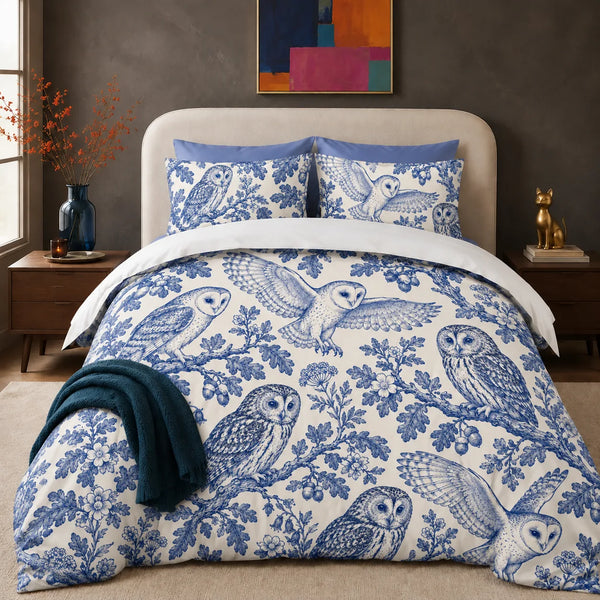 Blue Toile Owl comforter set — cobalt blue barn owls and tawny owls on oak branches with acorns and bluebells on cream
