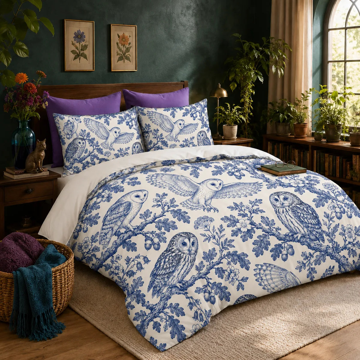 Blue Toile Owl duvet cover set — cobalt blue barn owls and tawny owls on oak branches with acorns and bluebells on cream