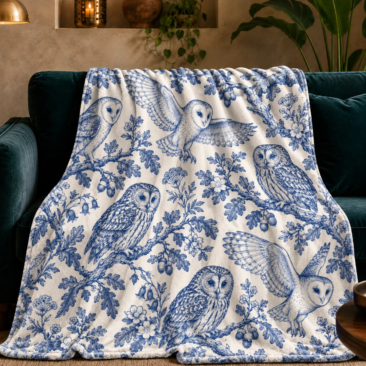 Blue Toile Owl fleece throw blanket — cobalt blue barn owls and tawny owls on oak branches with acorns and bluebells on cream