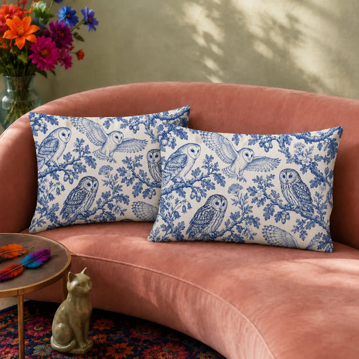 Blue Toile Owl pillowcase set — cobalt blue barn owls and tawny owls on oak branches with acorns and bluebells on cream