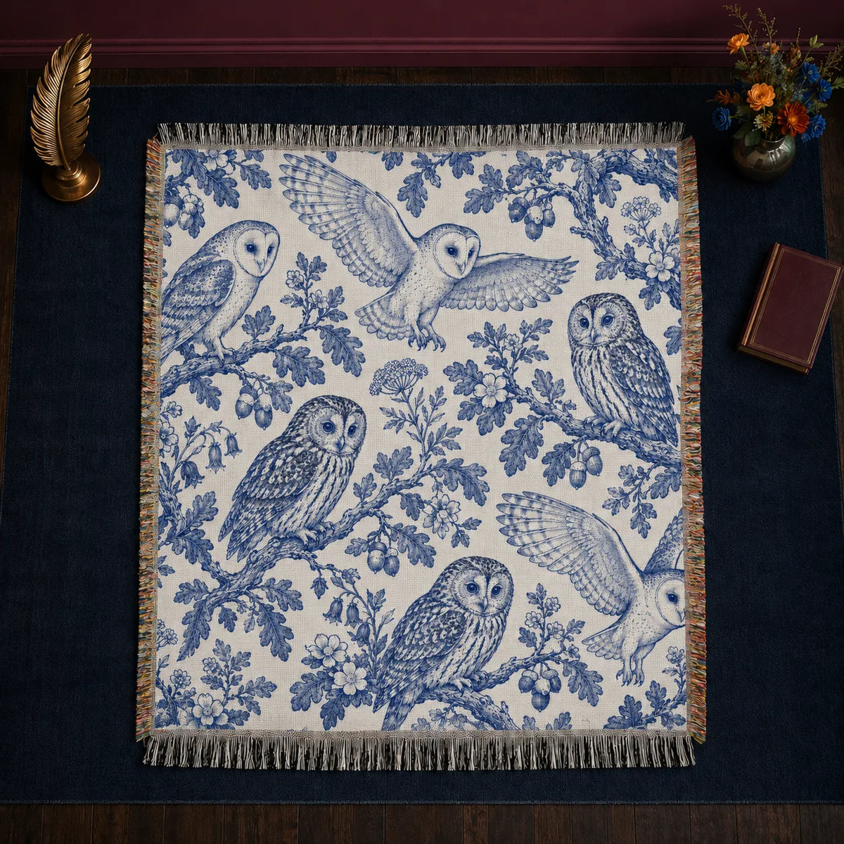 Blue Toile Owl woven throw blanket — cobalt blue barn owls and tawny owls on oak branches with acorns and bluebells on cream