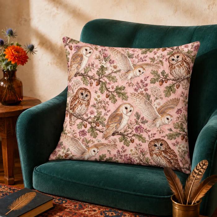 Blush Meadow Owl cushion cover set — barn and tawny owls among sage oak leaves, acorns and pink blossoms on blush pink