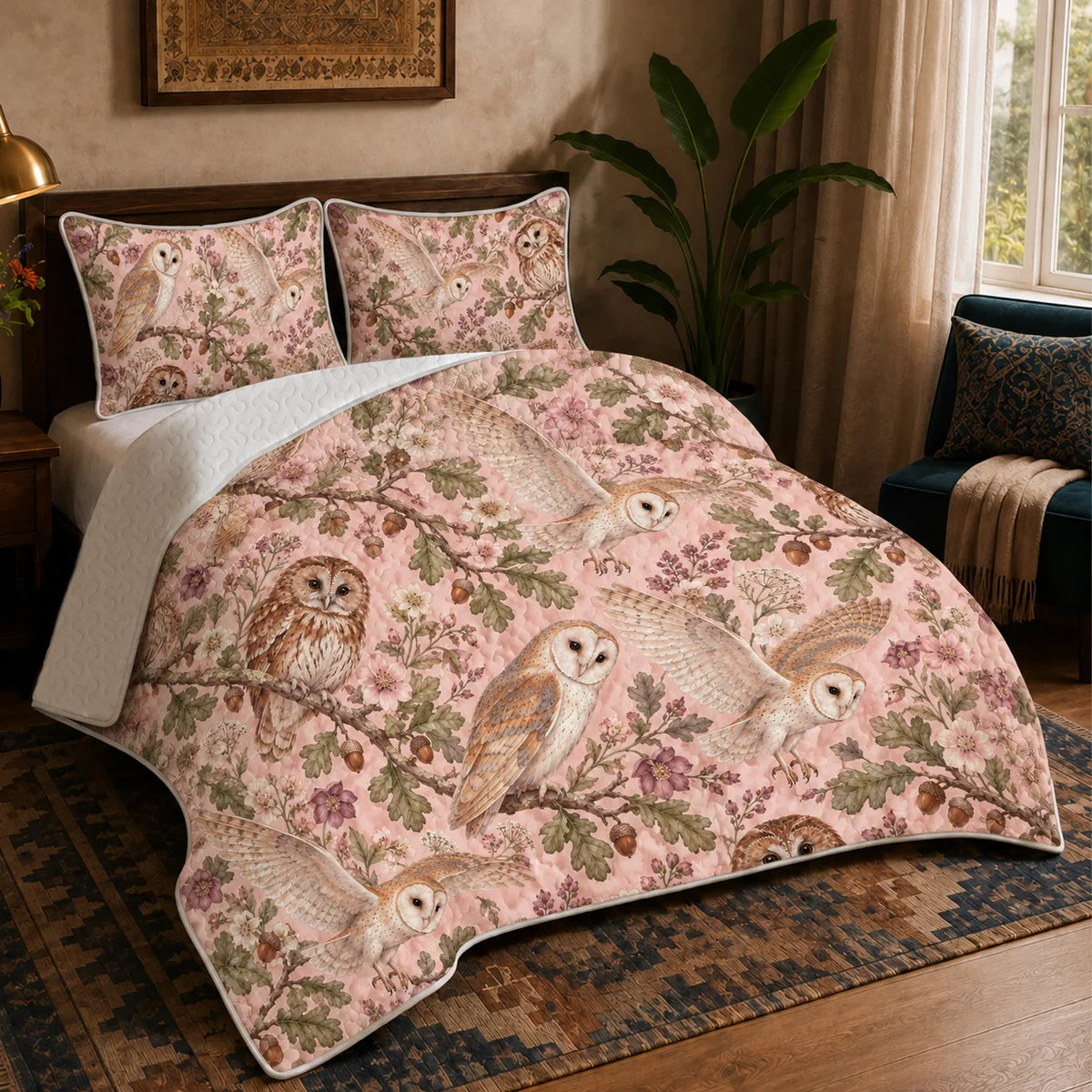 Blush Meadow Owl quilt set — barn and tawny owls among sage oak leaves, acorns and pink blossoms on blush pink