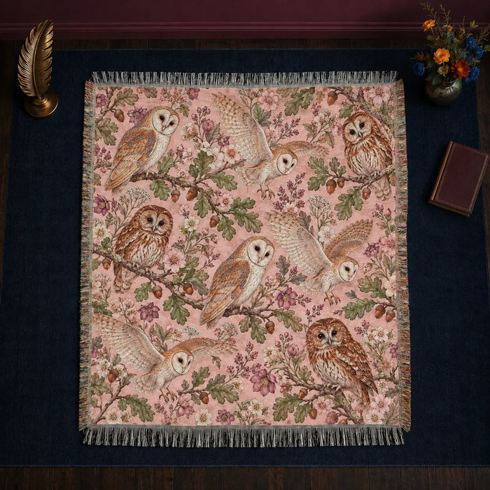 Blush Meadow Owl woven throw blanket — barn and tawny owls among sage oak leaves, acorns and pink blossoms on blush pink