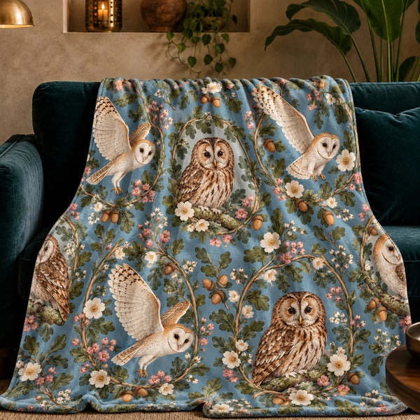 Botanical Medallions Owl fleece throw blanket — tawny owls in oak and pink blossom wreaths with flying barn owls on dusty blue