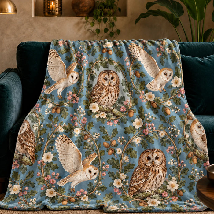 Botanical Medallions Owl fleece throw blanket — tawny owls in oak and pink blossom wreaths with flying barn owls on dusty blue