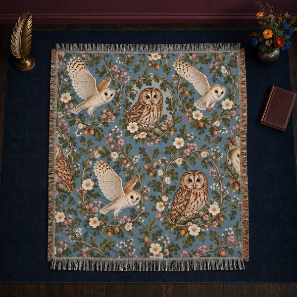 Botanical Medallions Owl woven throw blanket — tawny owls in oak and pink blossom wreaths with flying barn owls on dusty blue