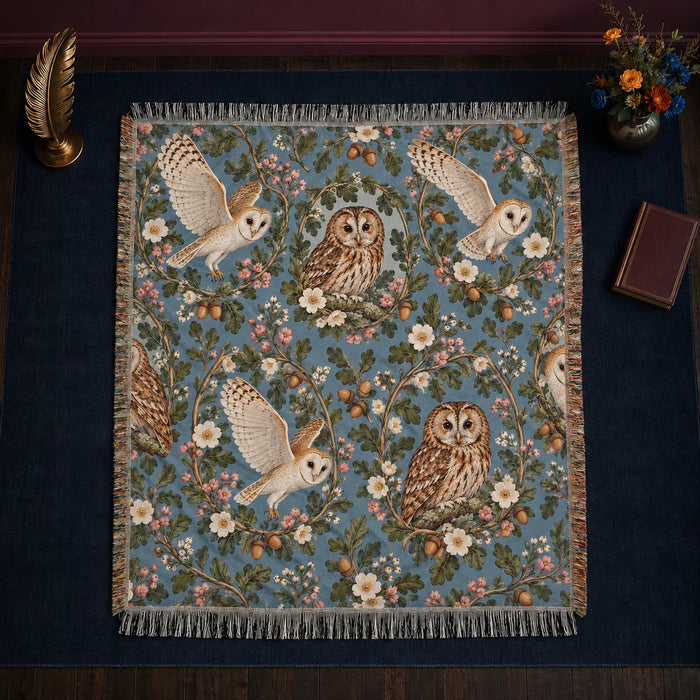 Botanical Medallions Owl woven throw blanket — tawny owls in oak and pink blossom wreaths with flying barn owls on dusty blue