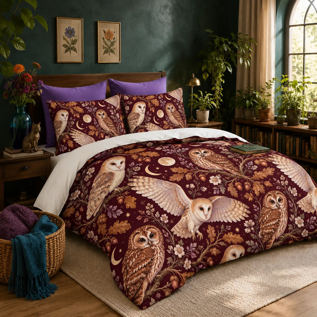 Burgundy Night Owl duvet cover set — barn and tawny owls with copper oak leaves, moons and gold stars on deep burgundy