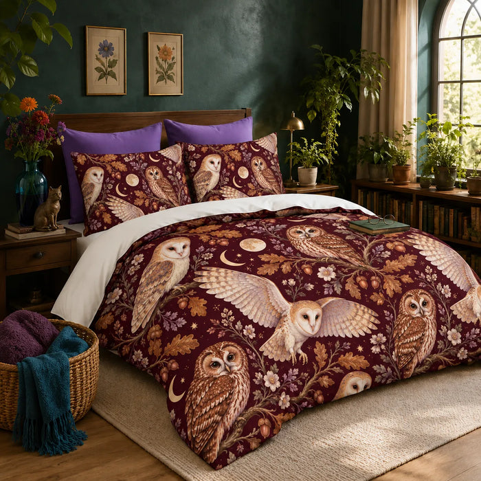 Burgundy Night Owl duvet cover set — barn and tawny owls with copper oak leaves, moons and gold stars on deep burgundy