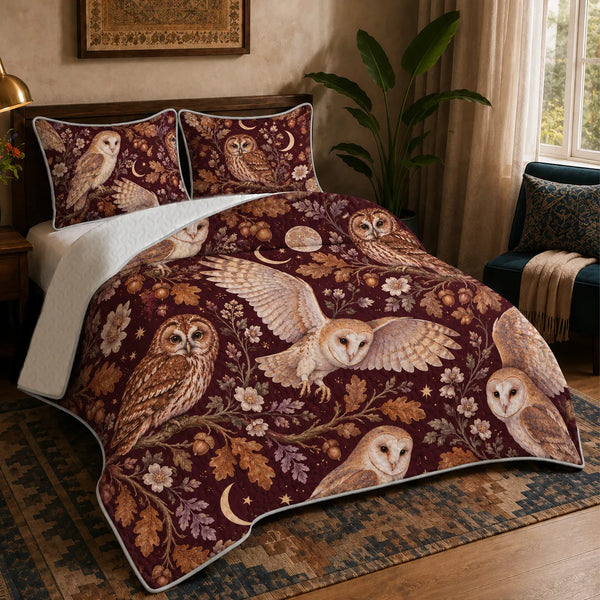 Burgundy Night Owl quilt set — barn and tawny owls with copper oak leaves, moons and gold stars on deep burgundy