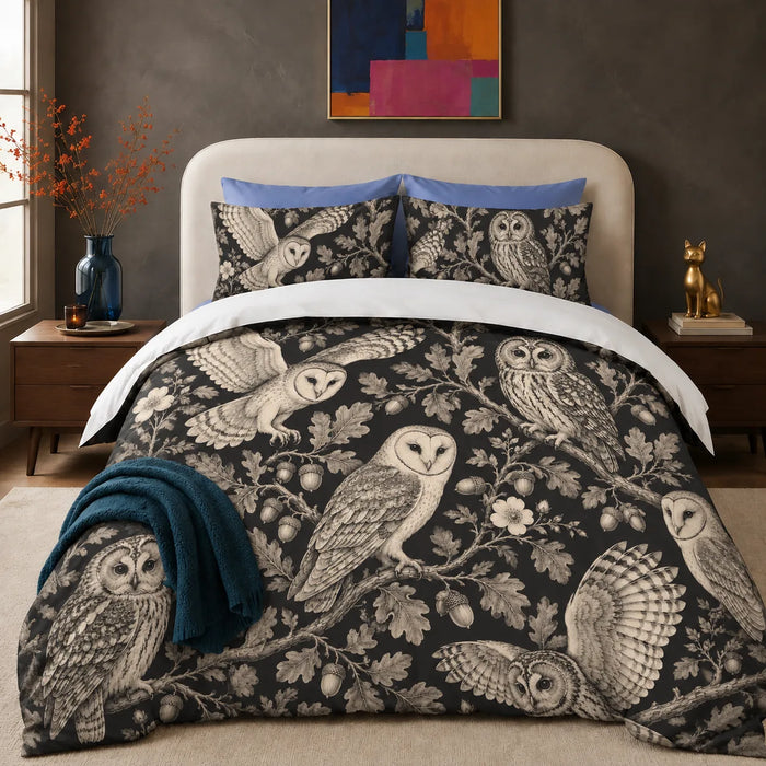 Charcoal Engraving Owl comforter set — cream engraved barn and tawny owls with oak leaves, acorns and wild roses on black