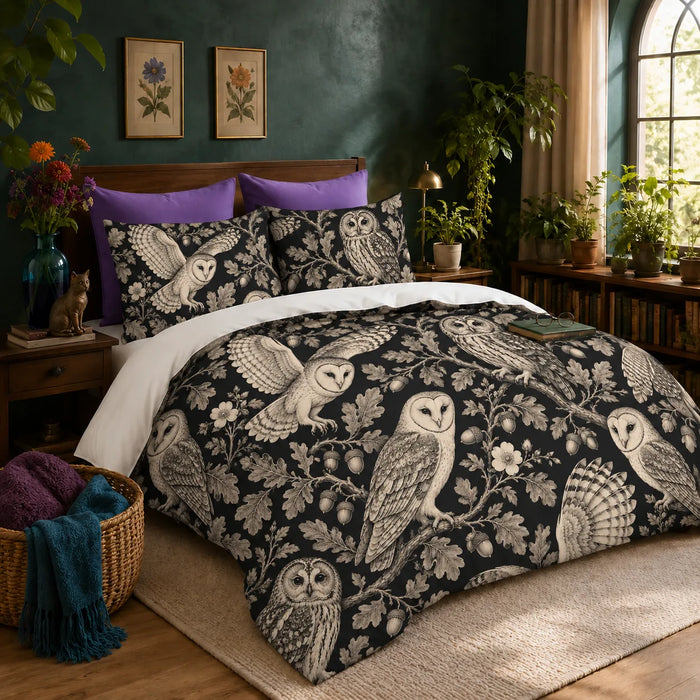 Charcoal Engraving Owl duvet cover set — cream engraved barn and tawny owls with oak leaves, acorns and wild roses on black
