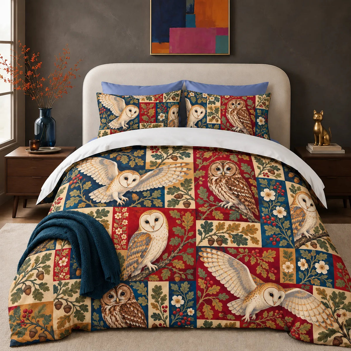 Heirloom Patchwork Owl comforter set — barn and tawny owls over patchwork blocks of red, navy, cream and mustard with oak leaves