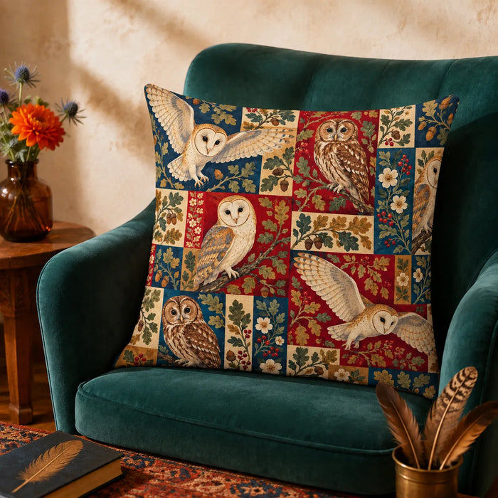 Heirloom Patchwork Owl cushion cover set — barn and tawny owls over patchwork blocks of red, navy, cream and mustard with oak leaves