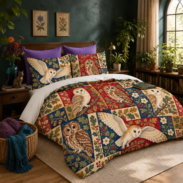 Heirloom Patchwork Owl duvet cover set — barn and tawny owls over patchwork blocks of red, navy, cream and mustard with oak leaves
