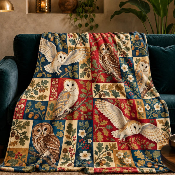 Heirloom Patchwork Owl fleece throw blanket — barn and tawny owls over patchwork blocks of red, navy, cream and mustard with oak leaves