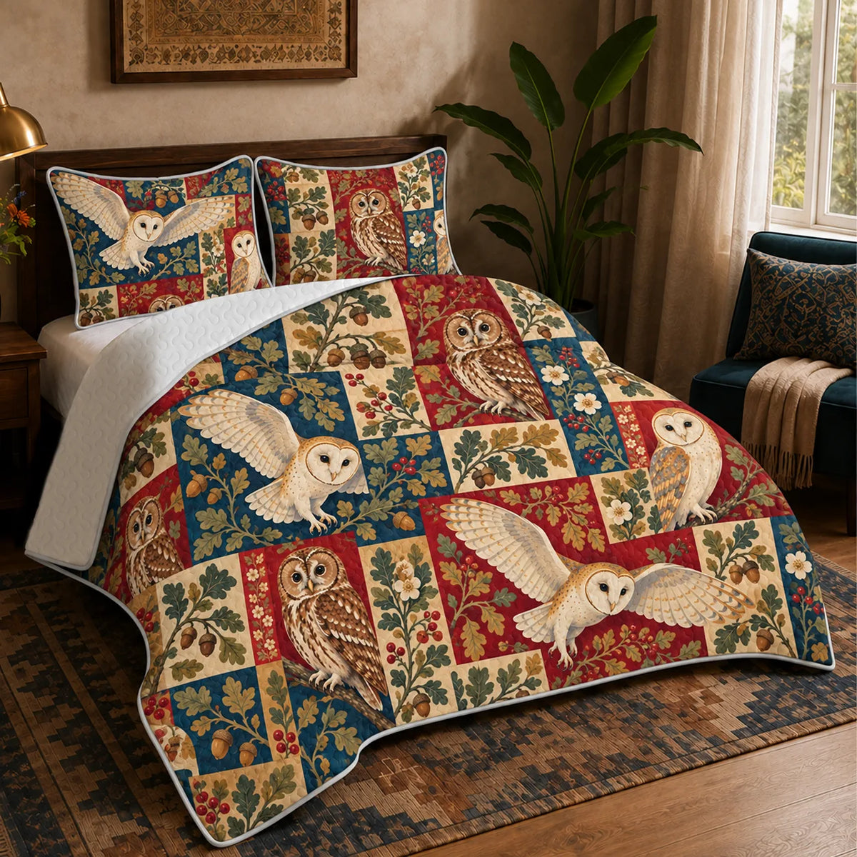 Heirloom Patchwork Owl quilt set — barn and tawny owls over patchwork blocks of red, navy, cream and mustard with oak leaves