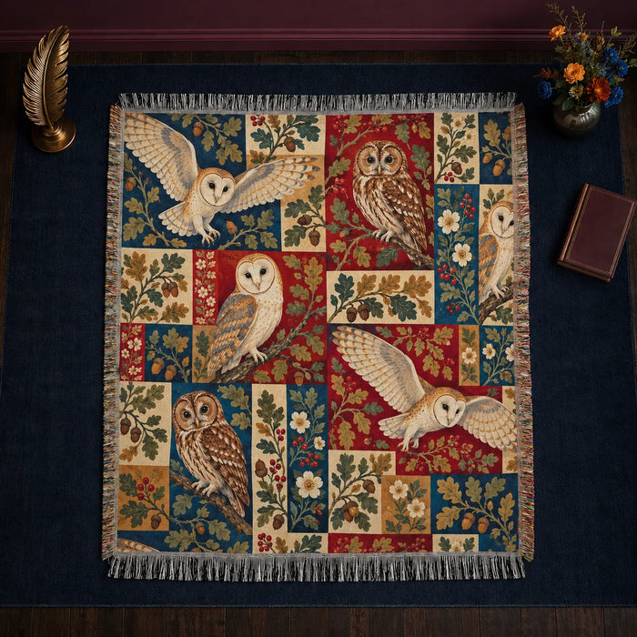 Heirloom Patchwork Owl woven throw blanket — barn and tawny owls over patchwork blocks of red, navy, cream and mustard with oak leaves