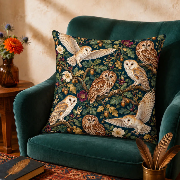 Jewel Botanical Owl cushion cover set — barn and tawny owls among gold-green oak leaves, acorns and plum roses on teal