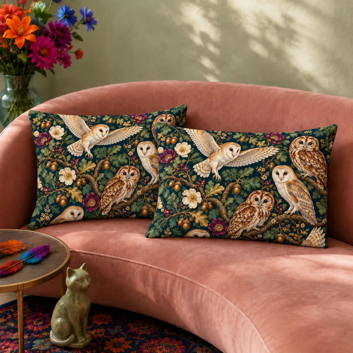 Jewel Botanical Owl pillowcase set — barn and tawny owls among gold-green oak leaves, acorns and plum roses on teal
