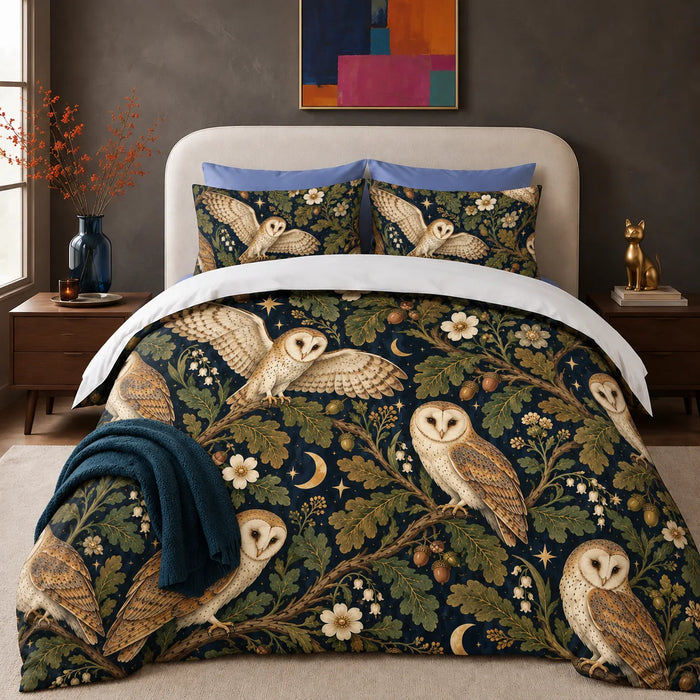 Midnight Oak Owl comforter set — cream barn owls among olive oak leaves, acorns, gold crescent moons and stars on deep navy