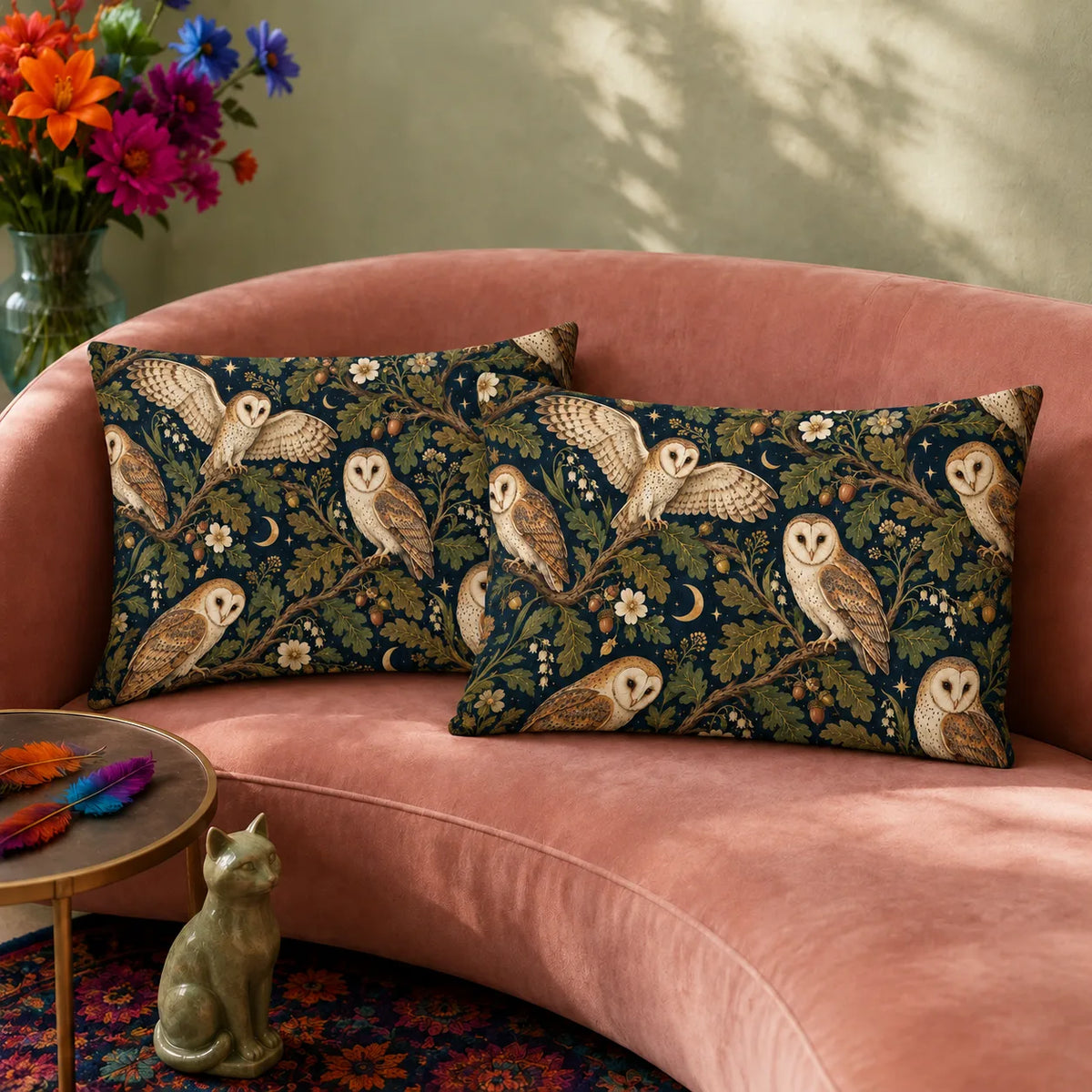 Midnight Oak Owl pillowcase set — cream barn owls among olive oak leaves, acorns, gold crescent moons and stars on deep navy