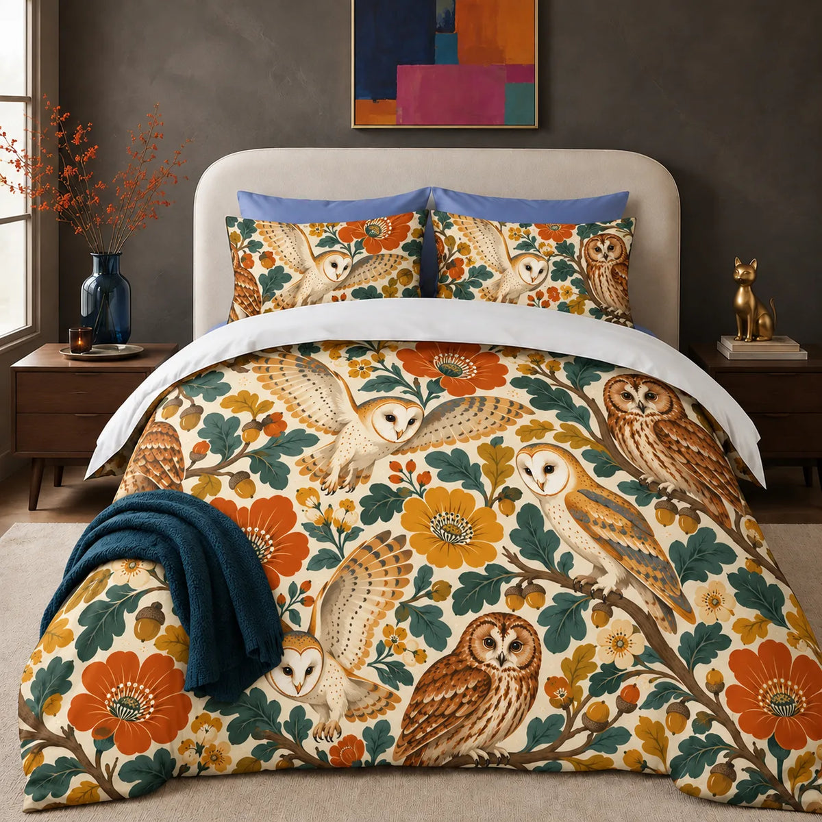 Retro Floral Owl comforter set — barn and tawny owls among large orange and mustard flowers and teal oak leaves on cream