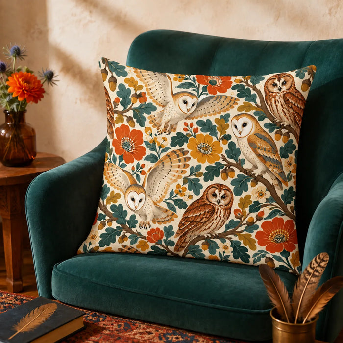 Retro Floral Owl cushion cover set — barn and tawny owls among large orange and mustard flowers and teal oak leaves on cream