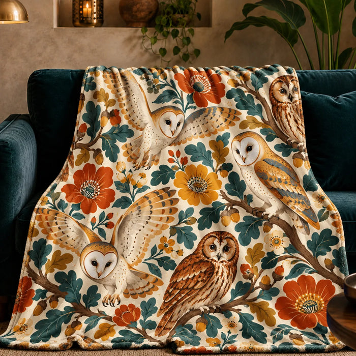 Retro Floral Owl fleece throw blanket — barn and tawny owls among large orange and mustard flowers and teal oak leaves on cream