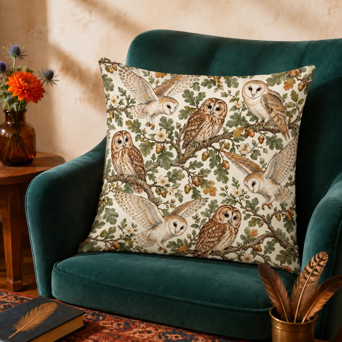 Sage Ink Wash Owl cushion cover set — barn and tawny owls among sage oak leaves, acorns and pale wild roses on cream
