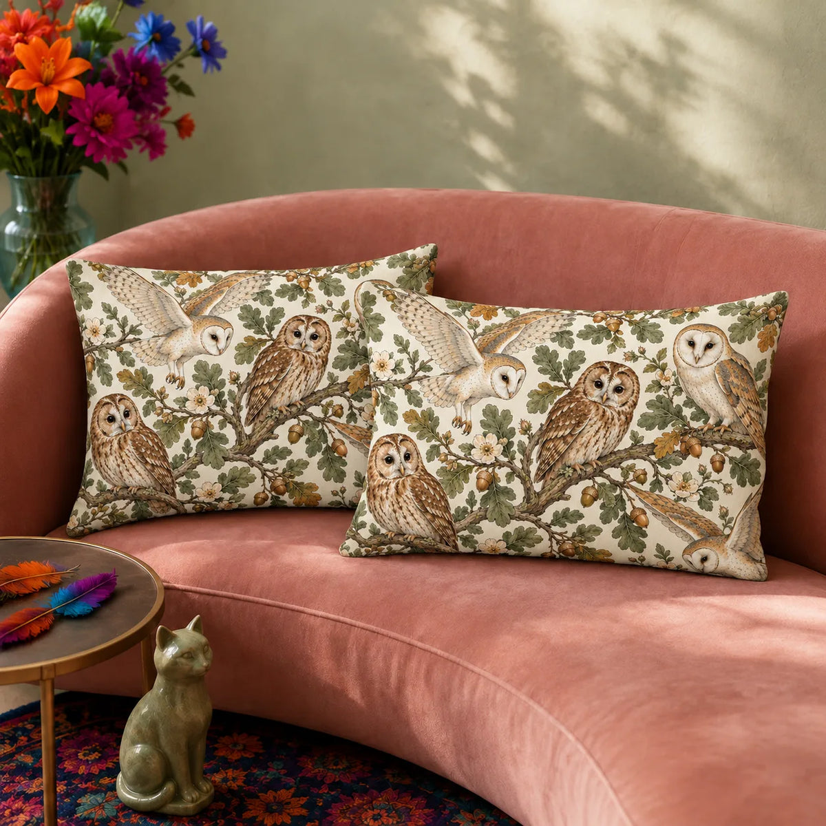 Sage Ink Wash Owl pillowcase set — barn and tawny owls among sage oak leaves, acorns and pale wild roses on cream